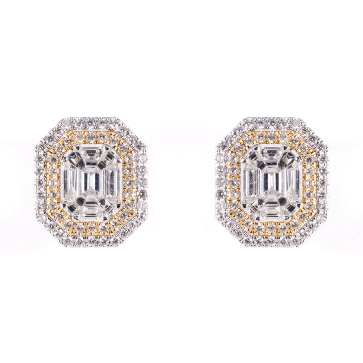 Two Tone Double Halo Diamond Stud Earrings