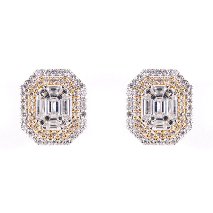 Two Tone Double Halo Diamond Stud Earrings