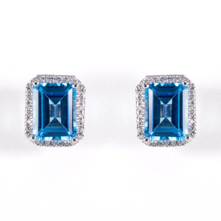 White Gold Blue Topaz & Diamonds Stud Earrings