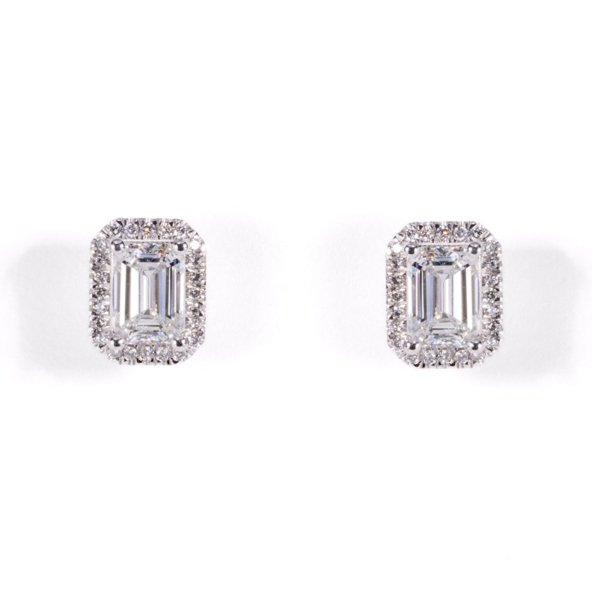 White Gold Emerald Diamond Halo Stud Earrings