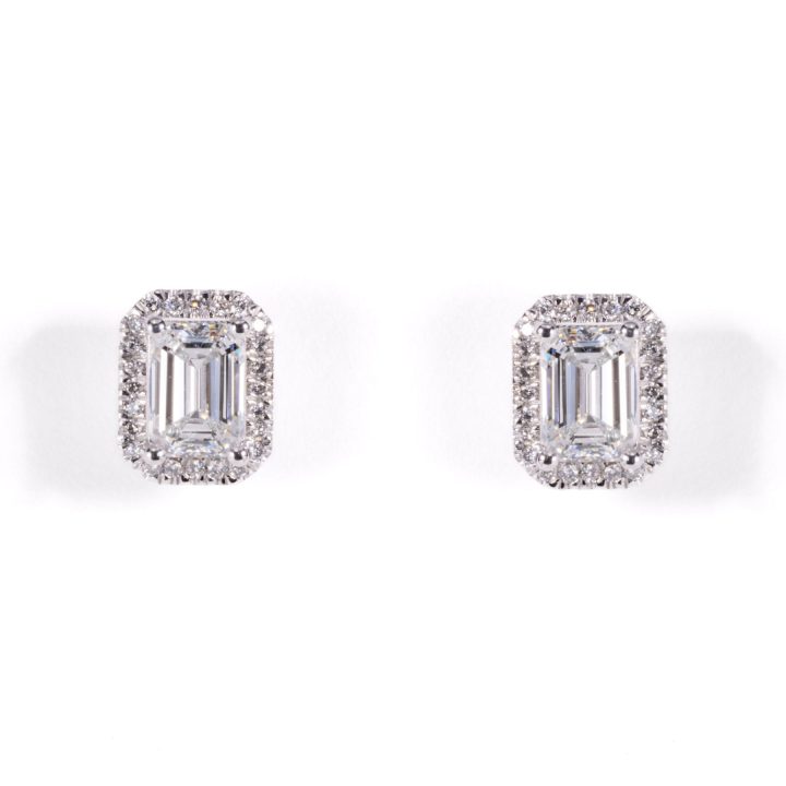 White Gold Emerald Diamond Halo Stud Earrings