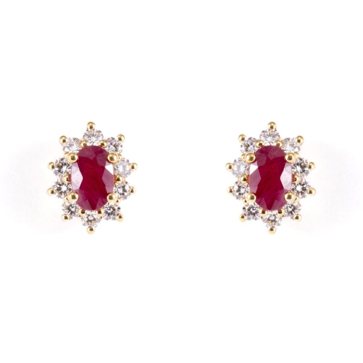 Oval Ruby And Diamond Cluster Earrings