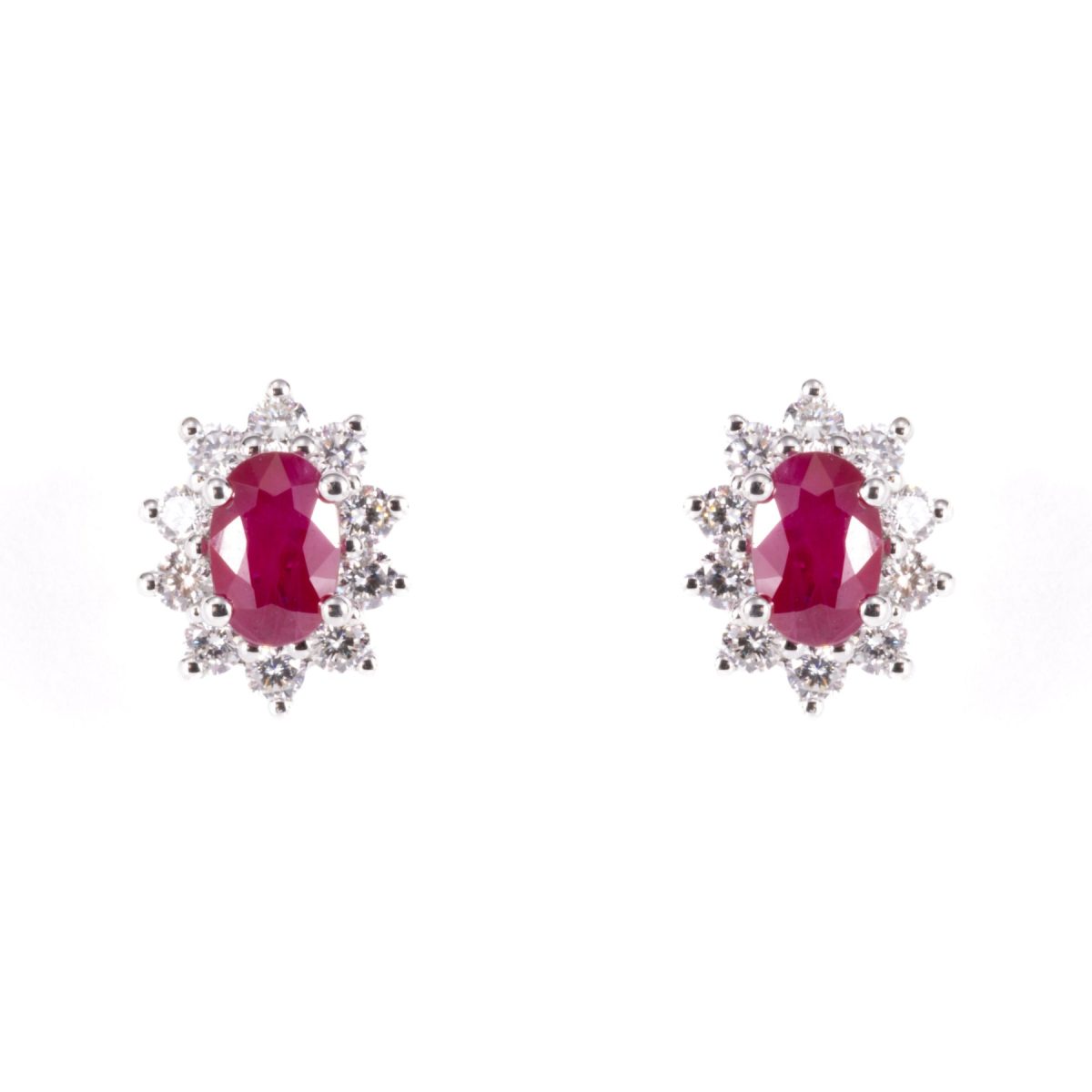 Oval Ruby And Diamonds Cluster Earrings