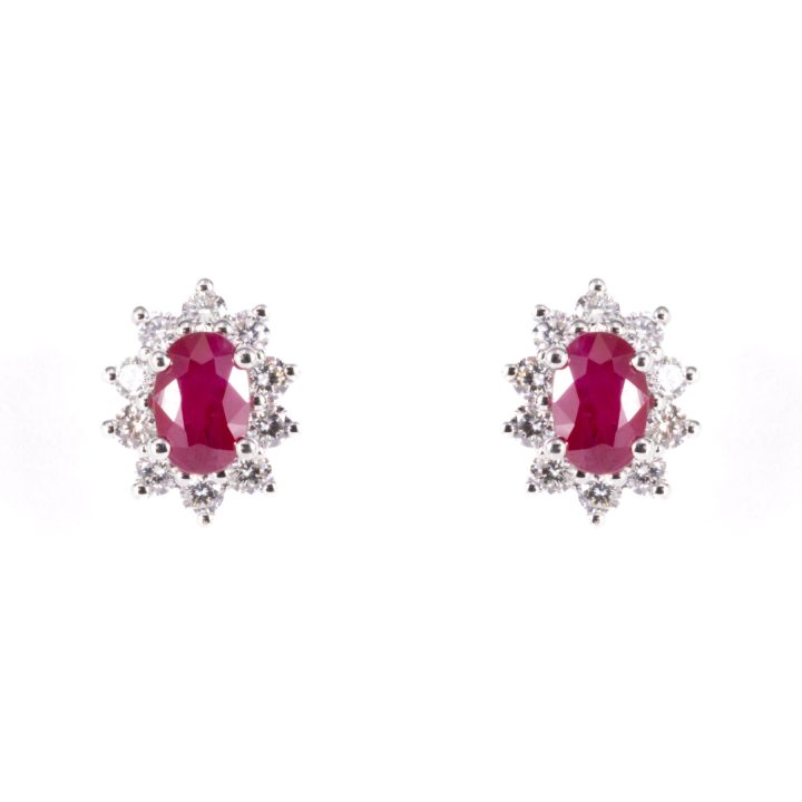 Oval Ruby And Diamonds Cluster Earrings