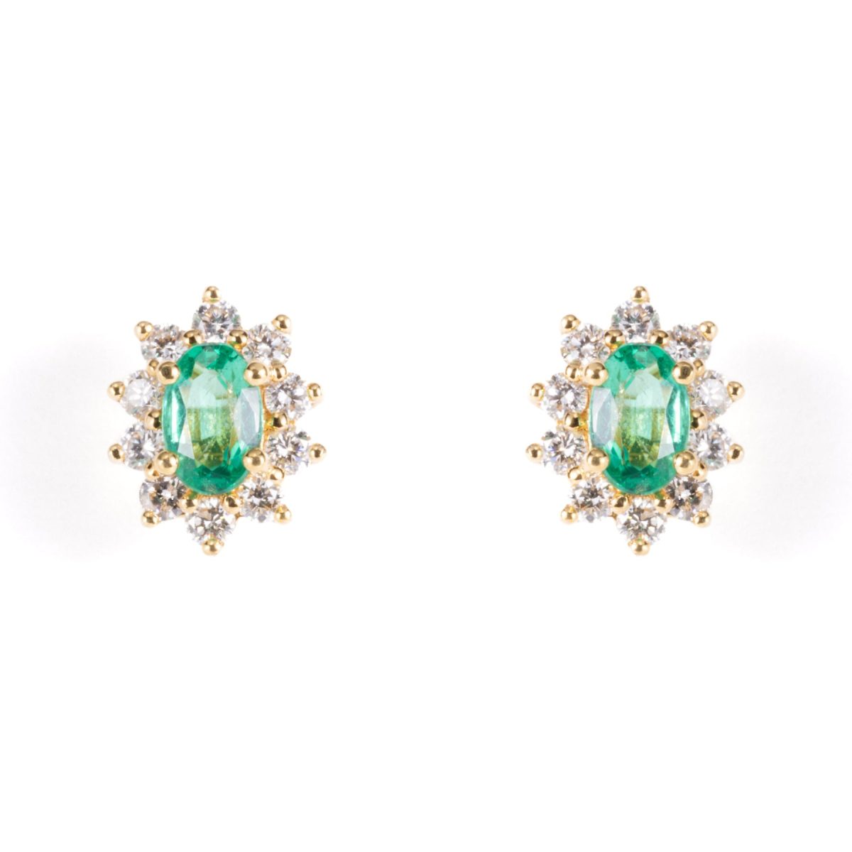 Yellow Gold Emerald And Diamond Cluster Stud Earrings