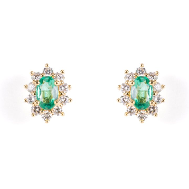 Yellow Gold Emerald And Diamond Cluster Stud Earrings