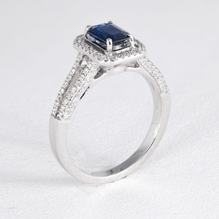 Emerald Cut Blue Saphire & Diamond Dress Ring