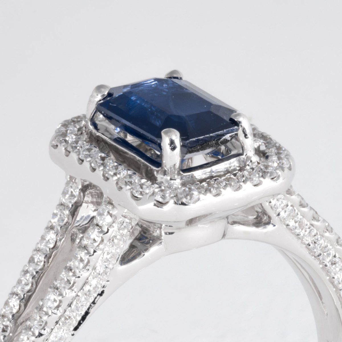 Emerald Cut Blue Saphire & Diamond Dress Ring – view 2